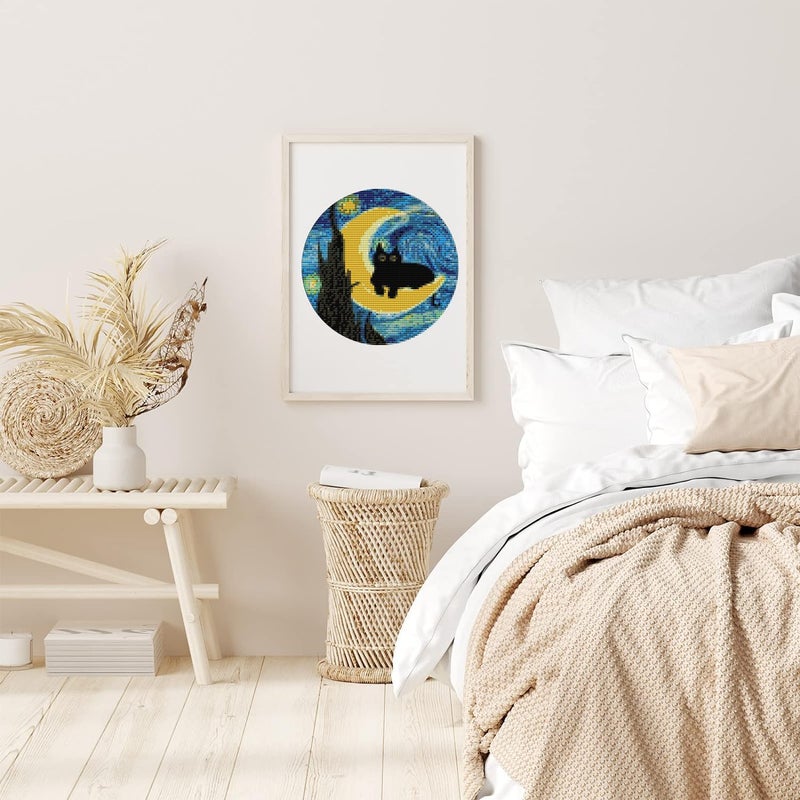 Tiwabb 4 Pack Stamped Cross Stitch Kits with Frame - Black Cat Flower Starry Sky Moon Embroidery Kits for Beginners Adults,11 CT Patterns Dimensions Counted Cross Stitch Kits Arts Craft Kits 7.8 x 7.8 inch - Image 4